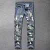 남자 청바지 블루 홀 패치 워크 남자 Jean Hombre 오토바이 Pant Streetwear Ripped Print Zizper 2023 가을