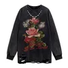 Heren Hoodies Oversized Vintage Hip Hop Floral Retro Sweatshirt High Streetwear Flower Gedrukte pullover Hoody Tops met ketting