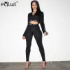 FQLWL Women Streetwear White Pink 2 Two Piece Set Outfits Fitnesss Long Sleeve Crop Top Leggings Women Ladies Tracksuit Female