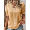 Women's T Shirts Hollow-out Short-Sleeved Shirt Y2K Holiday Fashion Tshirt Tops Solid Color Casual Lace V-neck Summer Blouses