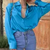 Damskie bluzki moda niebieska kobiety satynowa koszula z długim rękawem bluzka na jesienne luźne luźne guziki obrońców biuro dama topy blusas 29369