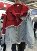 Bahar Kore gevşek kontrast renk dikiş sahte iki bf rüzgar kırık delik kaba kenar denim ceket kadın moda 231222