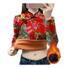 Women's Blouses Stretchy Cheongsam Top Floral Plaid Print Fleece Lined Chinese With Knot Button Decor Traditional For