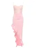 Casual jurken sexy roze mouwloze spaghetti riem kanten patchwork maxi jurk dames ruches ruches slanke onregelmatig feest elegante avond
