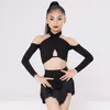 Scary Wear Girls Latin Dance Robe Set Long Manches Leopard Black Fringe Cha Samba Training Performance Clothes