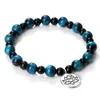 STRAND 8MM BLAUWE Tiger Eye Stone Bracelet Lucky Lotus Boeddha Charm Bangles For Women Men Yoga Sieraden Glanzende zwarte agataties Kralen armbanden