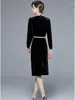 Casual Dresses French Fashion Luxury Beading Pearls Dress Women's Stand Long Sleeve Black Velvet Vintage Zipper Evening Party Midi Vestidos