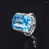 حلقات الكتلة KQDANCE SOLD 925 Sterling Silver Rectangle عالية الماس الكربون مع مجوهرات زرقاء زرقاء وردية زرقاء كبيرة للنساء