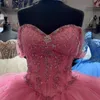 Luxury Pink Shiny Quinceanera Dresses 2024 Ball Gown Floral Beads Crystal Sweet 16 Dresses Lace-Up Birthday Custom