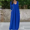 Casual Dresses Ladies Spring Fall Dress Oversized V Neck Long Sleeve Pockets Solid Color Soft Breathable Baggy Women Maxi