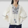 Kvinnors blusar Kvinnor Topp 2023 Summer Fringe Tie Embroidery Shirt