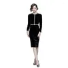 Casual Dresses French Fashion Luxury Beading Pearls Dress Women's Stand Long Sleeve Black Velvet Vintage Zipper Evening Party Midi Vestidos