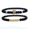 ストランド2PCS/ロット天然石6mmビーズマットブラックゴールデンクラウンブレスレット光沢のあるジルコンPave CZ Bracelets for Menwomenクラシックジュエリー