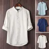 Men's Casual Shirts Men Cotton Linen Shirt Vintage Chinese Style Three Quarter Sleeves Stand Collar Single-breasted Summer Blouse Loose Tops