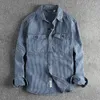 Herren lässige Hemden Herbst Amerikaner Retro Langarmed Revers Denim gestreiftes Ladhemd einfache Baumwolle gewaschene alte Blusen Mantel