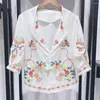 Dames blouses dames kleurrijke bloem borduurwerk slank blouse 2023 zomer all-match dames v-neck shirt met korte mouwen met één borsten