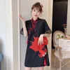 Etnik Giyim Geliştirilmiş Siyah Qipao Kadınlar Kırmızı Japon Balığı Nakış Cheongsam Çin Elbise Vestido Chino Muje Geleneksel Stil Çüb.