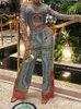 レディースパンツドルプリントメッシュスルー2ピースセット女性ヒップスタースリムOネック長袖トップルーズワイドレッグ服装スーツ