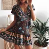 Parti Elbiseleri Happie Queens Kadın Çiçek Baskı Derin V-Gutt Bohemian Mini Elbise Cordo Ladies Kısa Kollu Rayon Wrap Boho Vestidos