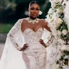 2024 African Arabic Aso Ebi Wedding Dresses Sheer Neck Long Sleeves Elegant Illusion Lace Beaded Mermaid Bridal Gowns for Bride Gorgeous Tiered Tulle Dress D082