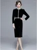 Casual Dresses French Fashion Luxury Beading Pearls Dress Women's Stand Long Sleeve Black Velvet Vintage Zipper Evening Party Midi Vestidos