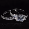 Bröllopsringar Storlek 5-10 Sparkling Luxury Jewelry 925 Sterling Silver Princess Cut Three Stone 5A Zirconia Women Bridal Ring Set Gift