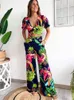 Tweedelige broek voor dames Boho Crop Top With Pant Print Set vrouwen mode diep v-hals shirt breed poot pak lente zomer veter omhoog ruche