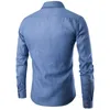 Herren lässige Hemden Frühling Herbst Modepockt Patchwork Baumwolle Langarm Shirt Männer Kleid Denim karierte Kragen blaue Tops