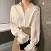 Kvinnors blusar elegant chiffongblus för kvinnor vintage vit överdimensionerad skjorta flare lång ärm toppar kontor bär koreansk stil chic casual casual