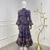 Casual jurken 2023 herfst topkwaliteit paarse bloemenprint midi-lengte jurk dames