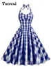 Vestidos casuais tonval rosa gingham algodão pinup robe mulheres ruched cintura alta backless rockabilly festa balanço vestido roupas vintage