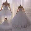 Superbes robes de mariée de bal de bal robe nuptiale en dentelle de dentelle cristaux en manches longues perlées et vestidos de taille de novia