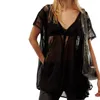 Women's T Shirts Women S Sheer Lace Cardigan Floral Crochet Short Sleeve V-Neck Front Button Beach Long Cover Ups