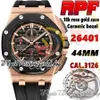 APF APF26401 CAL 3126 A3126 CRONOGRO ATOMÁTICO Reloj Caso de oro de oro Rose Bisel Negro Textura Dial Correa de goma Super VE358F