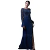 Gorgeous O-Neck Evening Dresses with Feather Sleeve Sequin Beaded Formal Gown High Side Split Special Occasion Dress