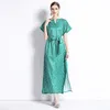 Summer Loose Maxi Dress With Belt Women Bat Sleeve Letter Print Lace Up Holiday Long Robes Slash Neck Party Vestidos