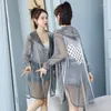 Women's Jackets #5330 Blue Grey White Sunscreen Jacket Women Thin Harajuku Perspective Long Kimono Cardigan Hood Womens And Coats Summer