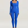 Women Skinny Jumpsuit Solid Color Ribbed Knit Long Sleeve Square Neck Bodycon Romper Work Out Sport Yoga Playsuits 231225