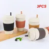 Coffee Pots 3pcs xícaras reutilizáveis ​​com tampas de palha de trigo portátil Copo portátil Lavagem de louça Segura Eco Friend