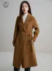 DUSHU 10.1% Cashmere 89.9% Wool Women Temperament Camel Long Woolen Jacket Belt Design Front Shoulder 100% Wool Black Wool Coat 231225