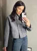 Cinza de lã lapela único casaco feminino elegante bolso oblíquo casaco curto outono senhoras restro casacos de lã 231225