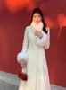 2023女性Sエレガントな白い毛皮の襟ウールコート女性スリム中国語スタイルの長い女性ヴィンテージ厚い暖かい231225