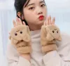 Women Thicken Plush Warm Half Finger Gloves Cute Cat Embroidery Convertible Flip Top Winter Fingerless Touch Screen Mittens14367635