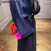 Верхнее роскошное пальто Maxmaras 101801 Пальто из чистой шерсти Labbro Двустороннее пальто из чистого кашемира Женское длинное флисовое пальто во французском стиле темно-синего цвета HepburnPWWH