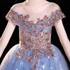 Light Sky Blue Crystals Suknie kwiatowe na cekinę ślubną aplikację dla małego konkursu dziecięcego sukienki z paliw maluchowa dziewczyna długość podłogi Pierwsza sukienka Holy Komunion 403