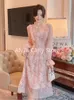 2023 Autumn Chiffon Sequined Midi Dres Pink Ruffles Chic Elegant Long Sleeve Female Casual Sweet Korean Style 231225