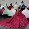 Kırmızı Parlak Quinceanera Cape 3d Bow Corset Lace Aplikes Boncuklu Tatlı 16 Vestidos de 15 Anos