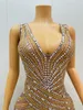 Stage Wear Fashion Designed Silver Gold Rhinestones Sequins Transparent Sleeveless Dress Birthday Celebrate Costume Evening Dance