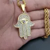 Hamsa Hand of Fatima Necklace Pendant Chain For Men Womens Golden Color 14k Yellow Gold Palm Necklaces Turkish Jewelry Gift