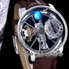 BZF Astronomia Tourbillon Swiss Quartz Herren Watch 316L Edelstahl Hülle Himmel Skelett 3D Globe Dial wird nicht braune Lea2277 drehen